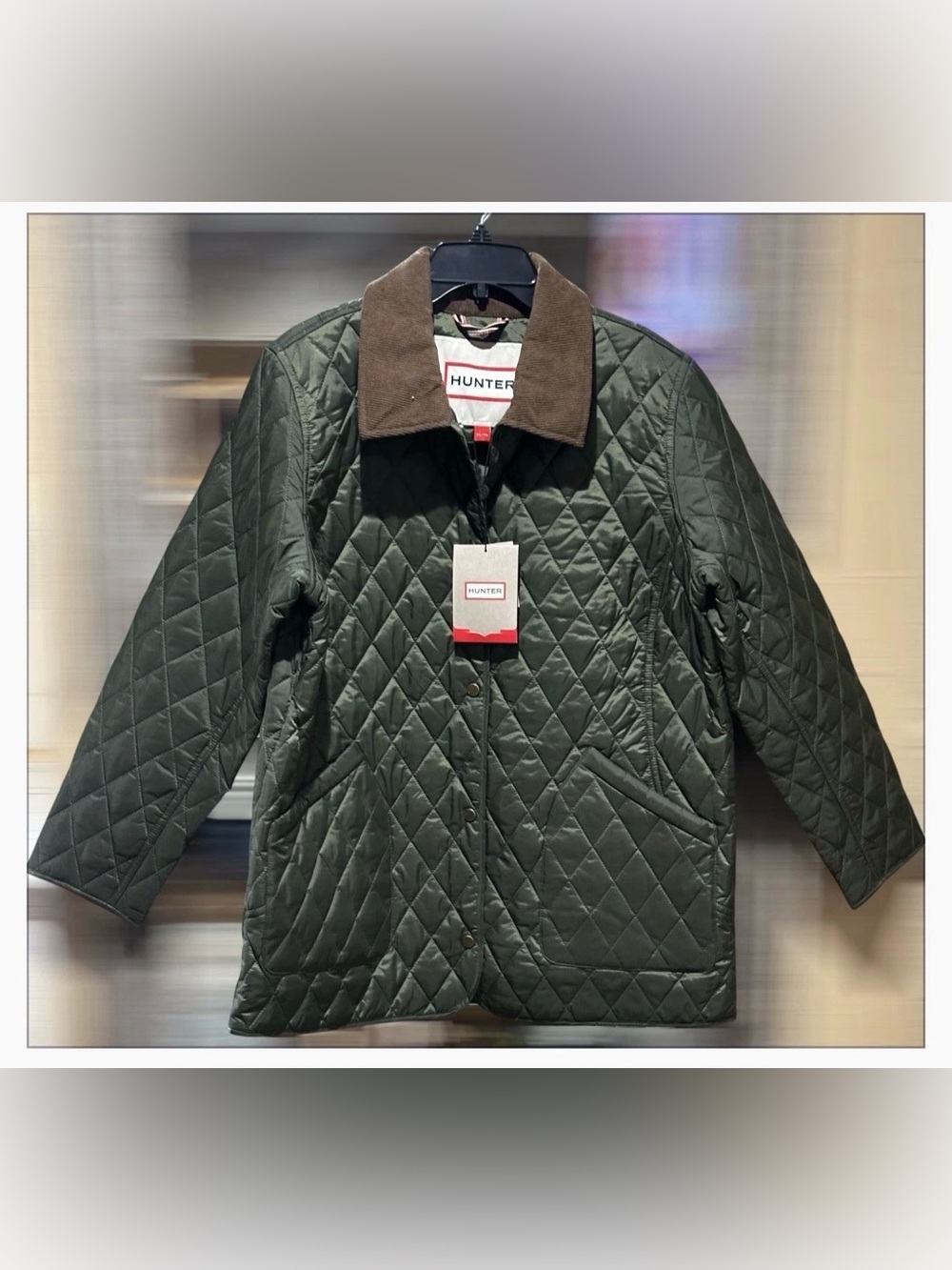 Hunter Olive Quilted Lightweight Women’s Jacket with Brown Collar - Size XL